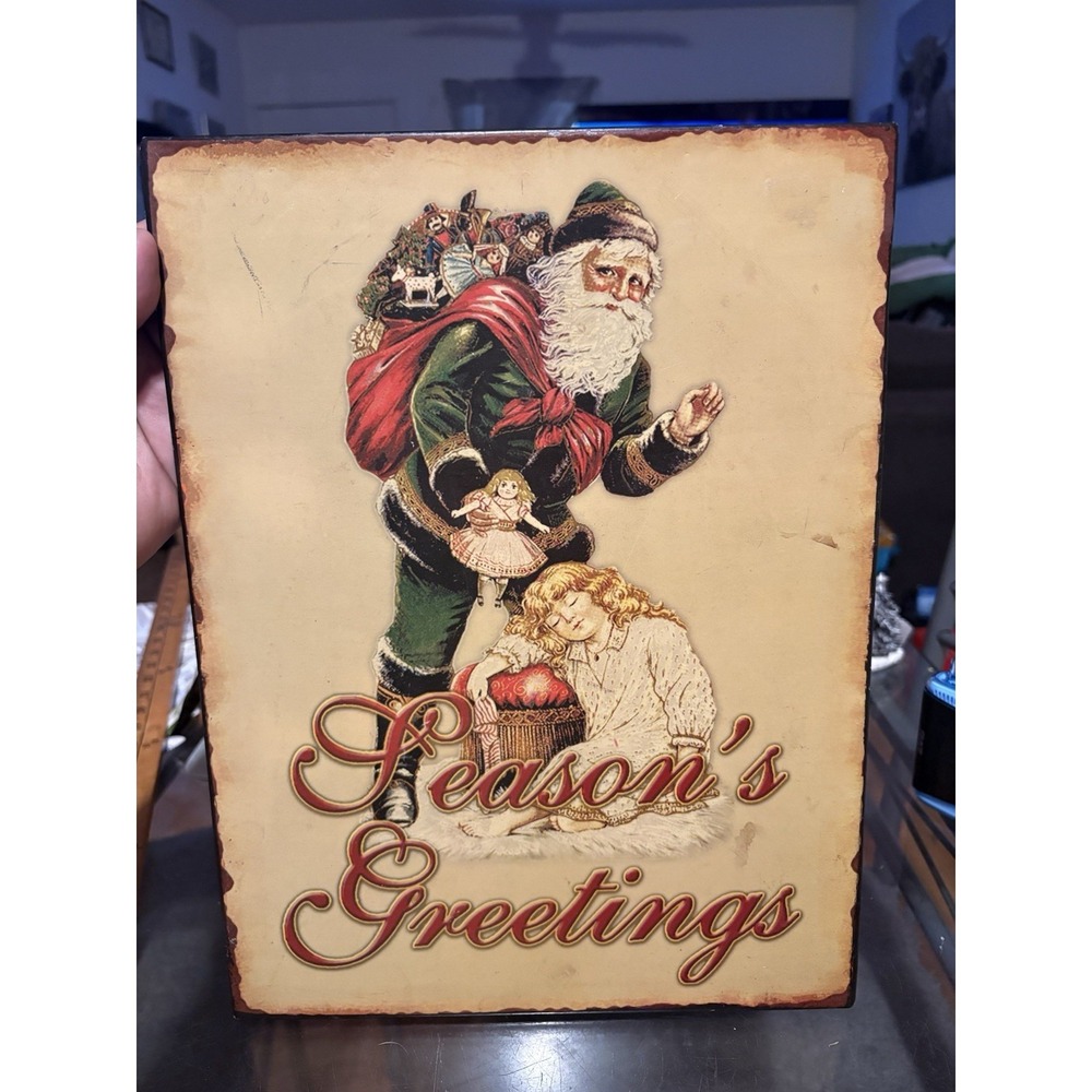 Vintage Style Santa Claus Seasons Greetings Metal Tin Sign Christmas Wall Decor